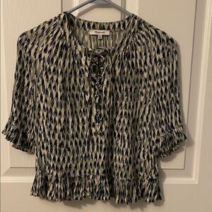 Madewell Navy and Cream Lace-Up Ruffle Hem Blouse